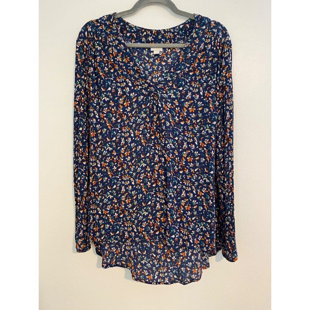 Hinge XL Women's Floral Long Sleeve Blouse Blue & Orange Print 100% Rayon Tunic